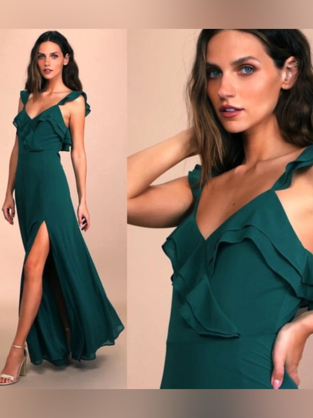 Lulu's Teal Ruffled Maxi Dress with High Slit